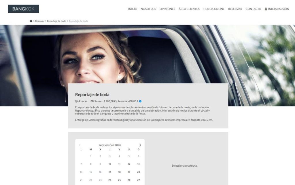 Calendario de reserva de un reportaje de boda con el importe de la señal que bloquea la fecha