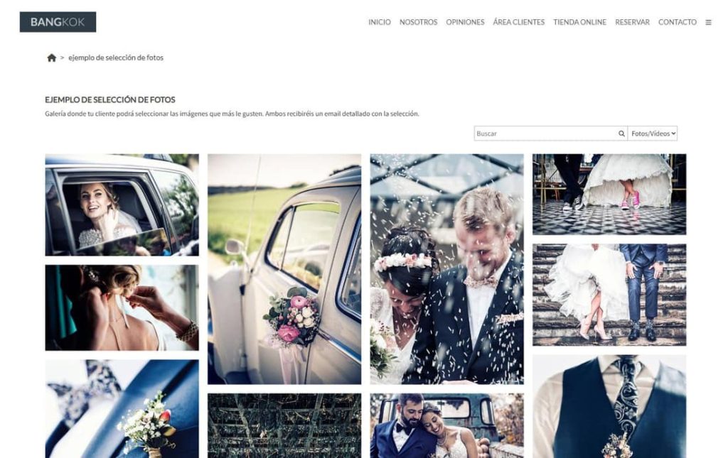 Galería privada de boda con la marca del propio fotógrafo, donde el cliente selecciona sus fotos favoritas